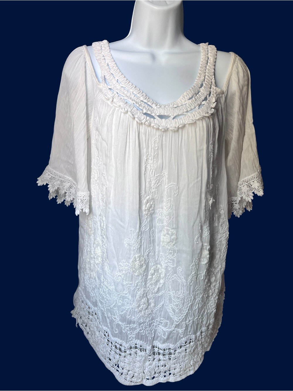 Le Marais Paris White Cold Shoulder Embroidered silk Lace Blouse Women’s S Boho